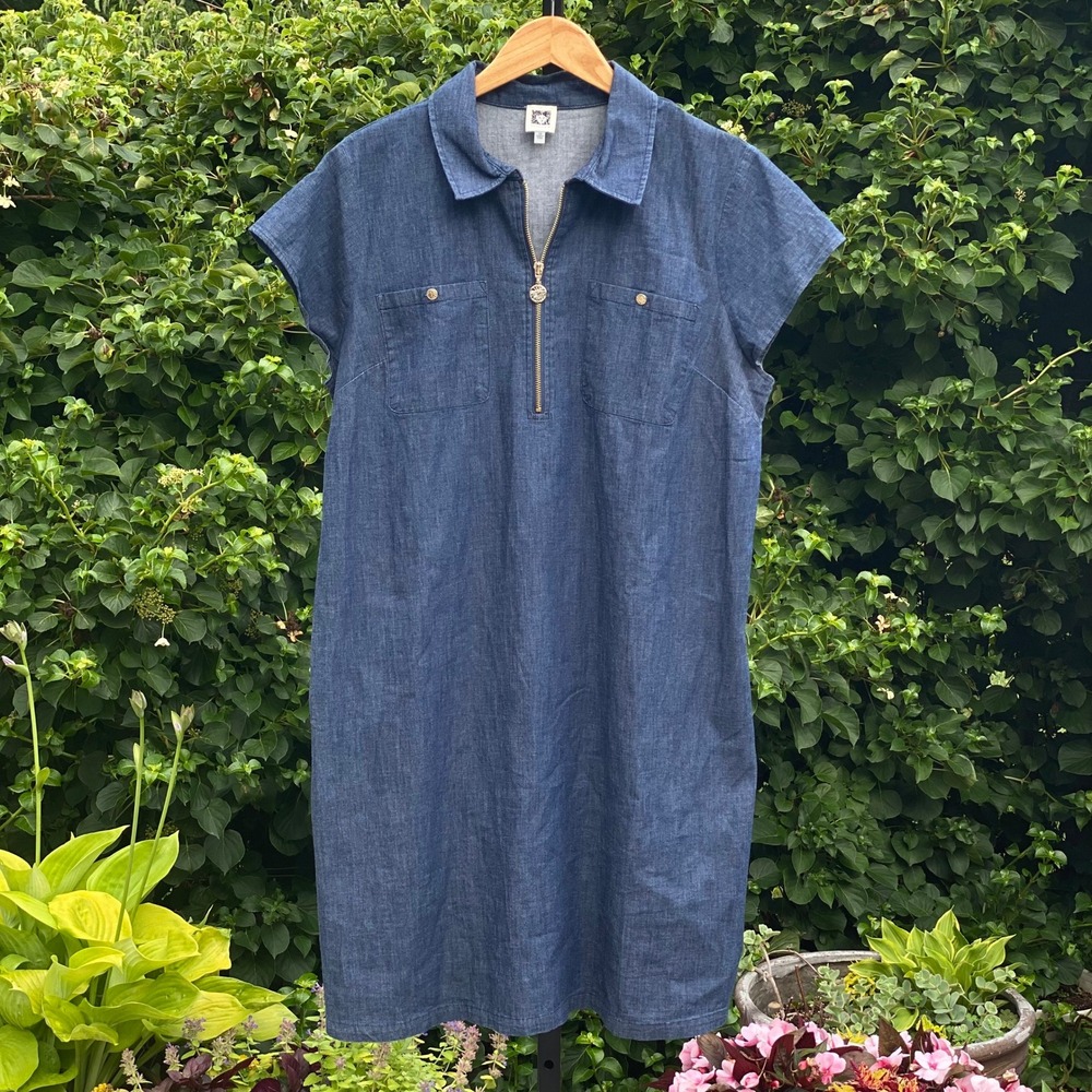 Anne Klein Dress Chic Blue Denim Shift Dress Utility Boho Zip Up Cap Sleeve - 1X